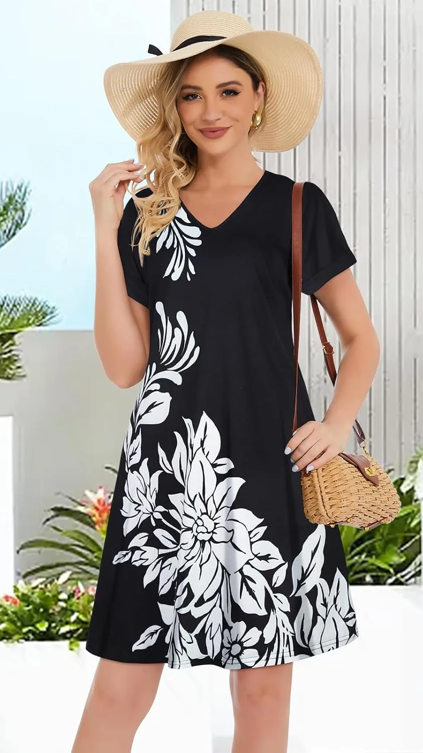 elescat Summer Dresses for Women V Neck Short Sleeve Flowy Tshirt Dress Casual Loose Sundress with Pockets