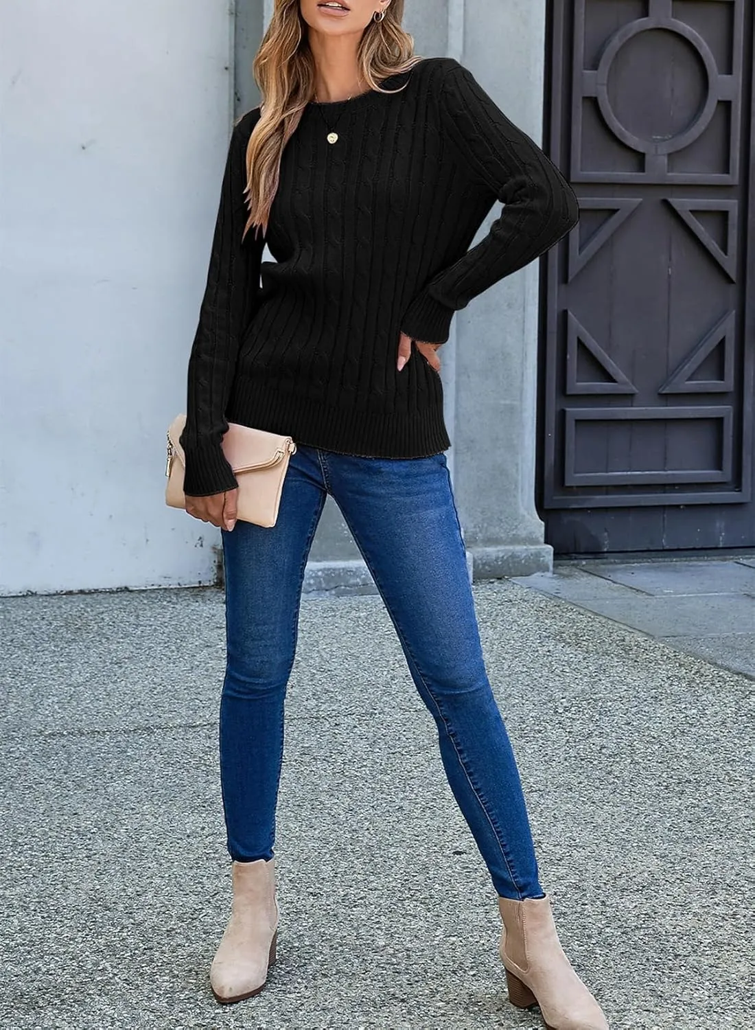 EVALESS Womens Cable Knitted Old Money Pullover Sweater Crewneck Business Casual Long Sleeve Tops