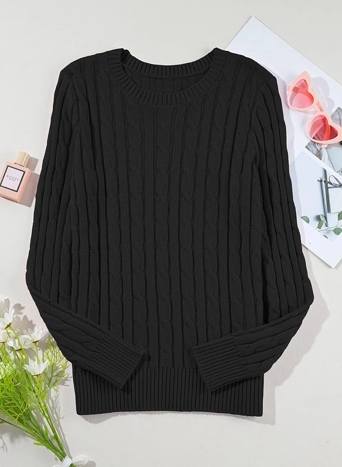 EVALESS Womens Cable Knitted Old Money Pullover Sweater Crewneck Business Casual Long Sleeve Tops