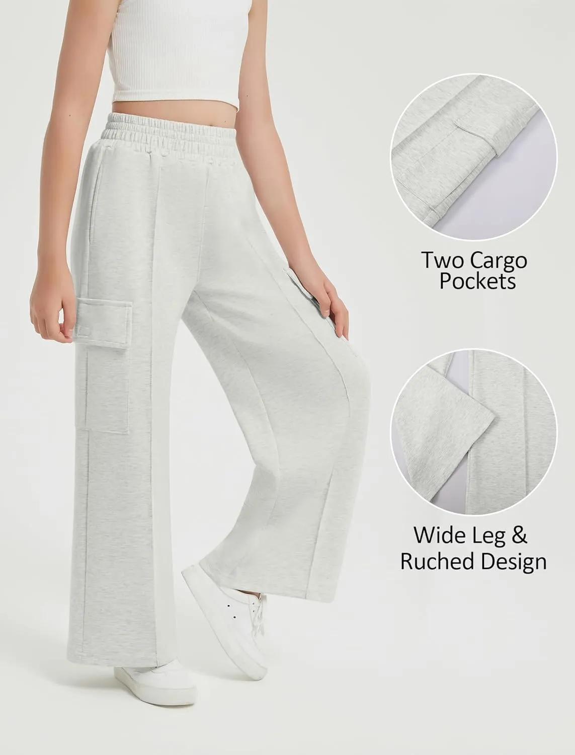 EXARUS Girls Sweatpants Wide Leg Baggy Teen Sweat Pants Cargo/Side Striped/Crossover V Waist Casual with Pockets 6-14Y
