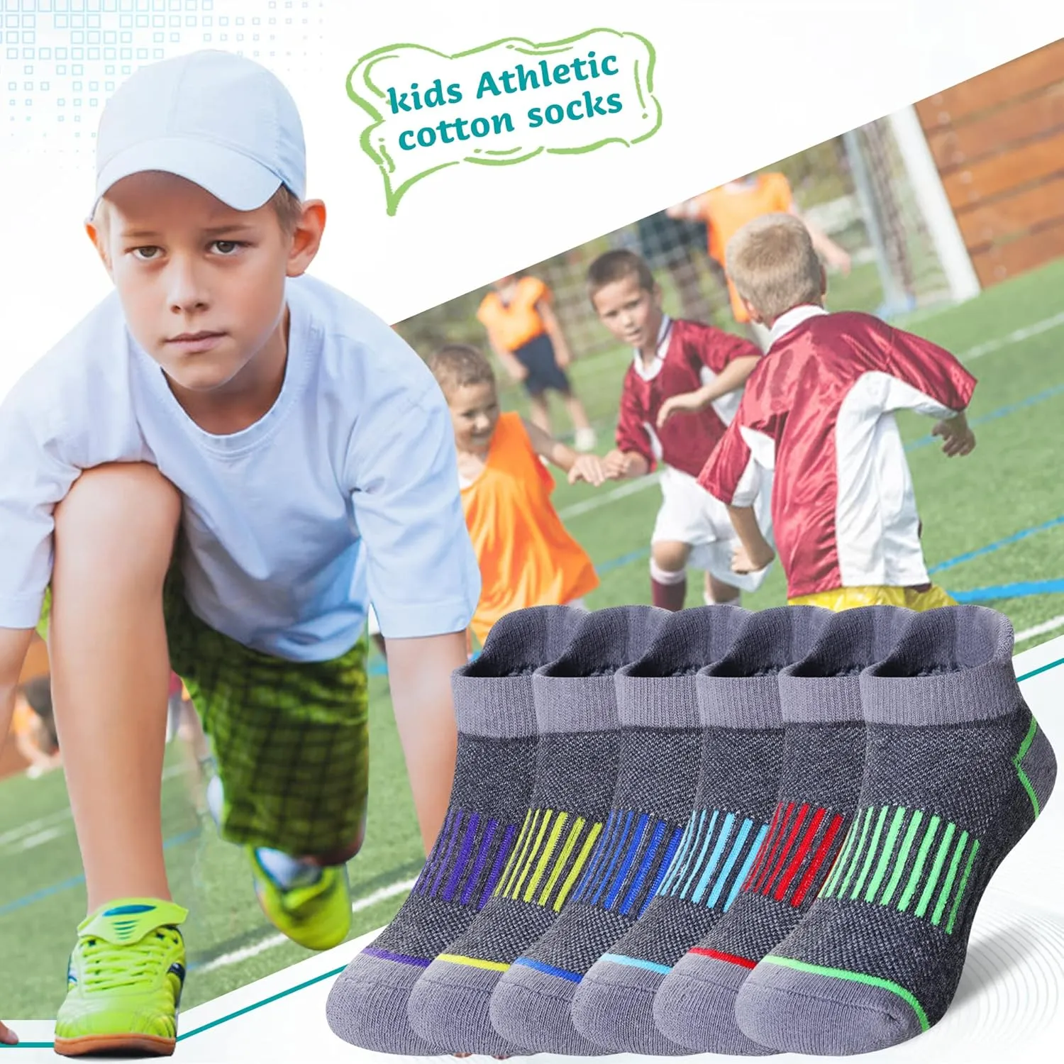 Eyean Boys Athletic Half Cushioned Ankle Socks Kids Cotton Sport Low Cut Socks 6 Pairs