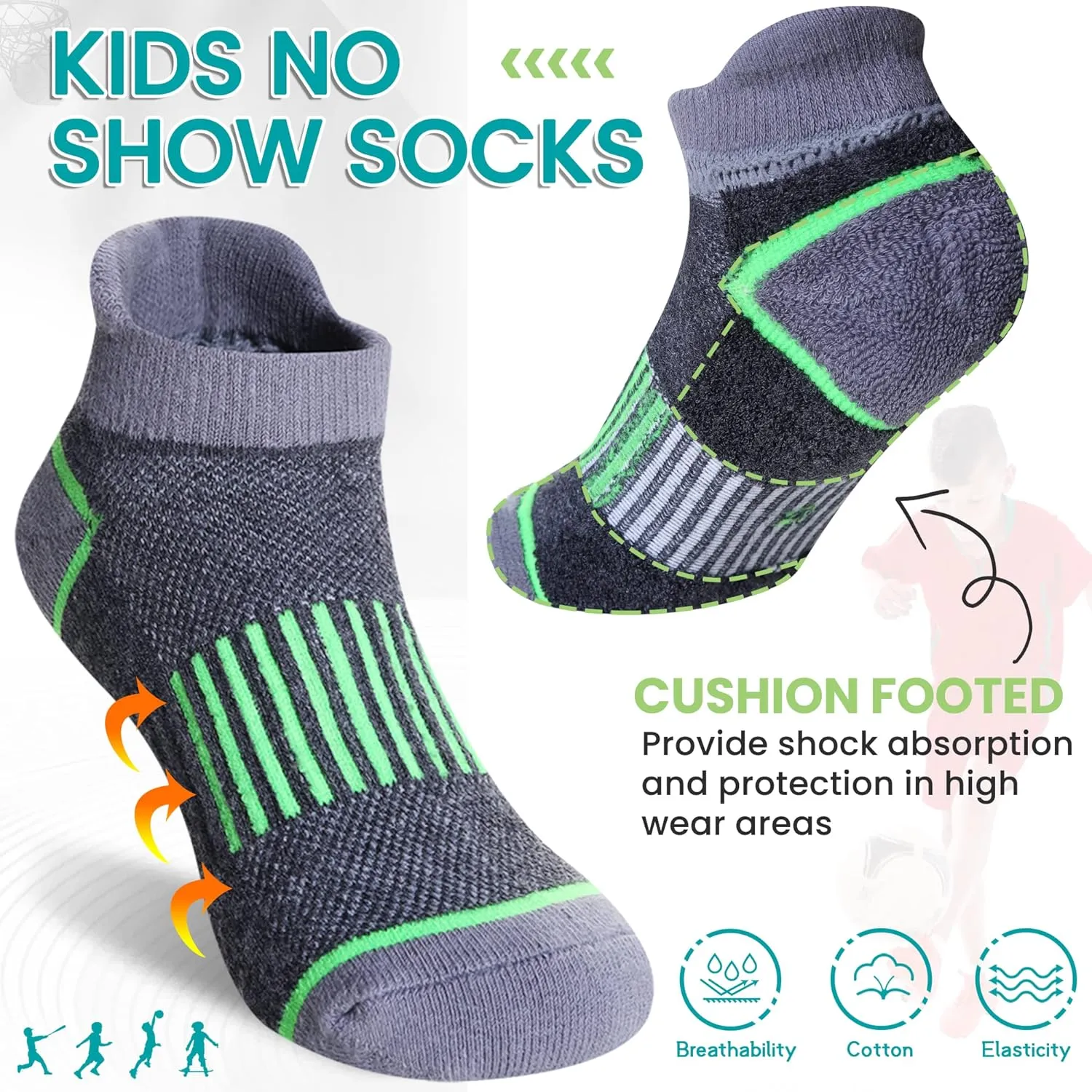Eyean Boys Athletic Half Cushioned Ankle Socks Kids Cotton Sport Low Cut Socks 6 Pairs