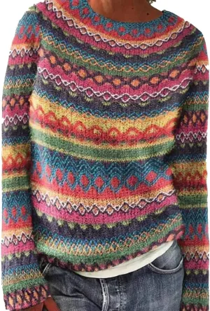 Fair Isle Sweater Women Plus Size Vintage Sweater Crewneck Long Sleeve Fair Isle Comfy Knited Pullover Sweater Tops