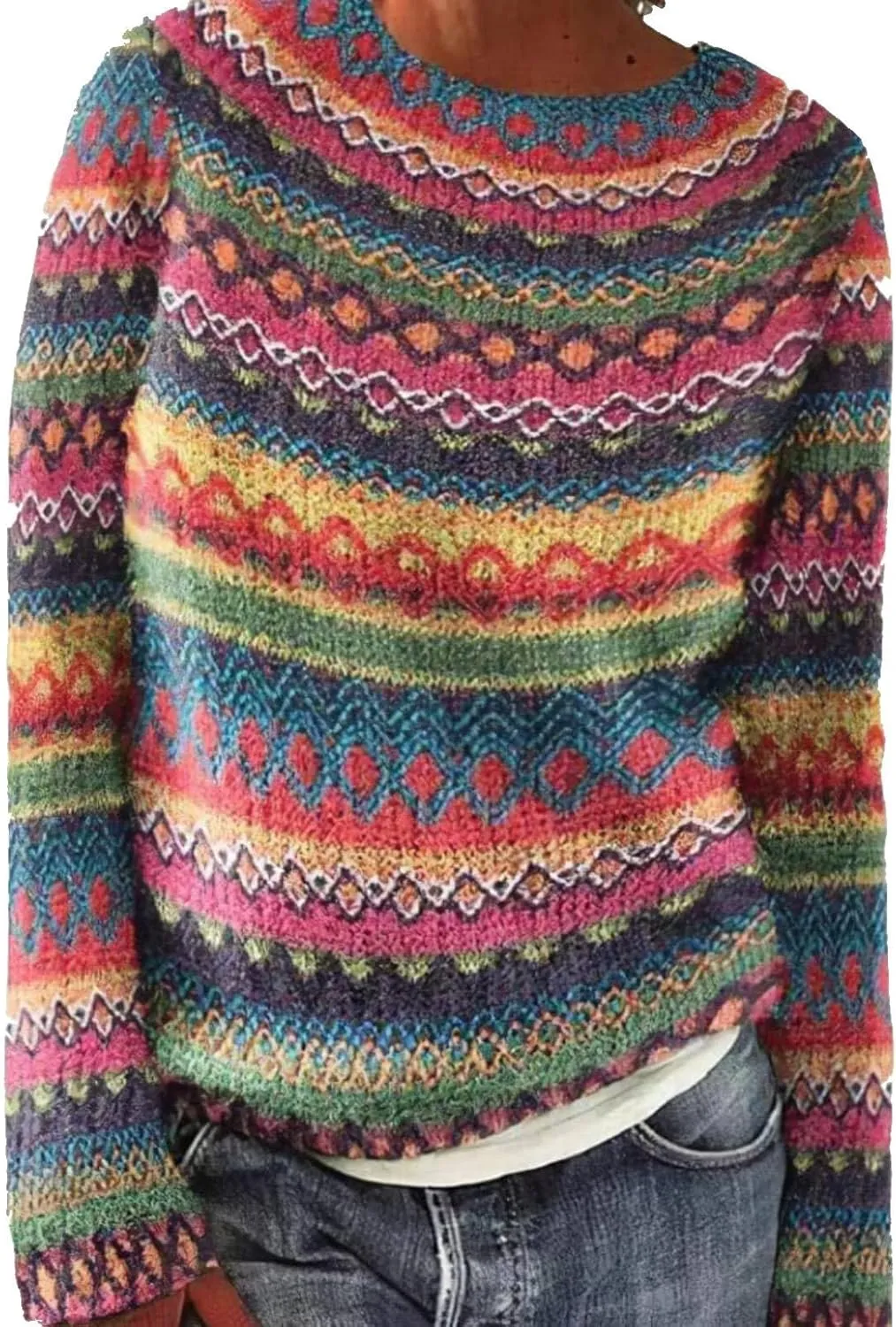 Fair Isle Sweater Women Plus Size Vintage Sweater Crewneck Long Sleeve Fair Isle Comfy Knited Pullover Sweater Tops
