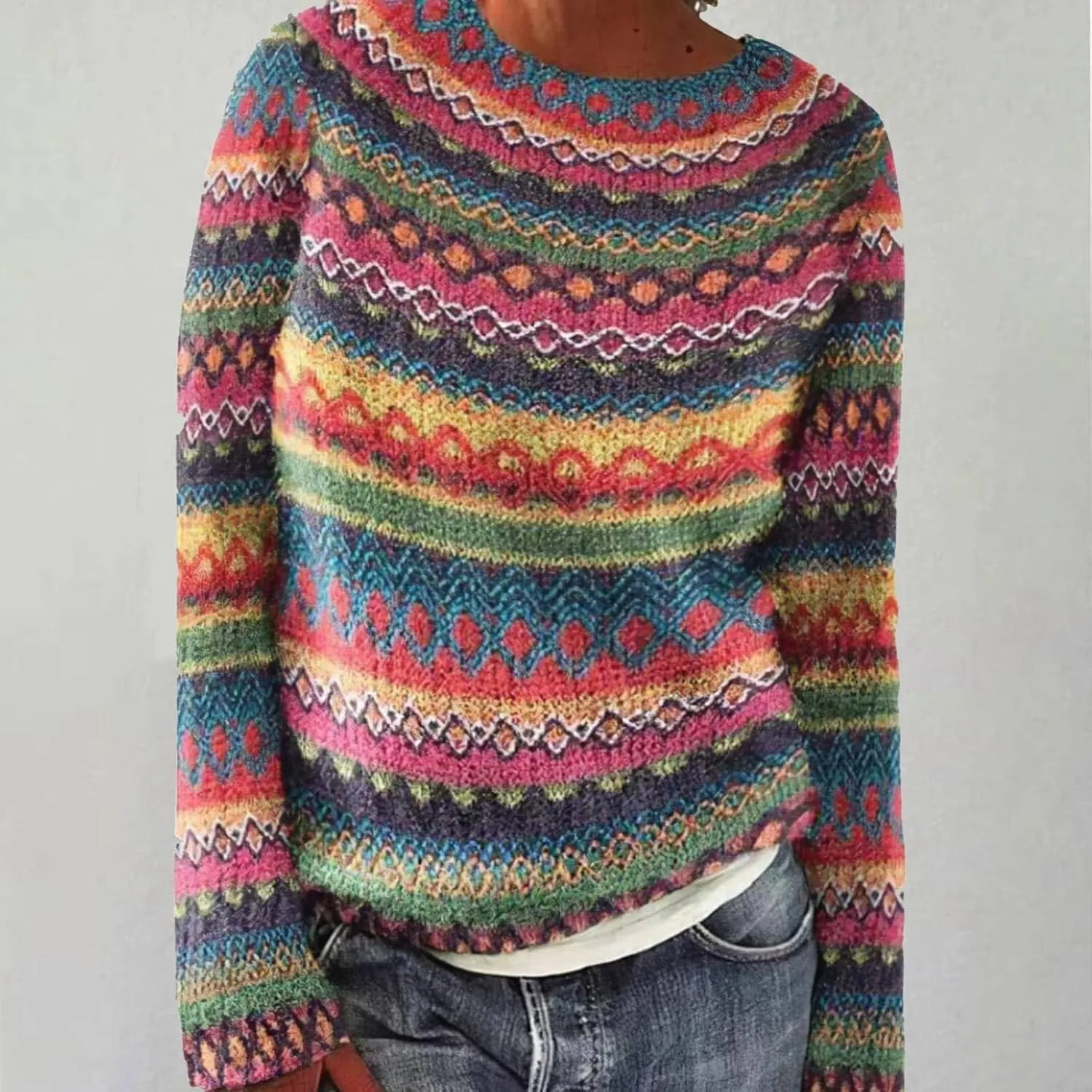 Fair Isle Sweater Women Plus Size Vintage Sweater Crewneck Long Sleeve Fair Isle Comfy Knited Pullover Sweater Tops