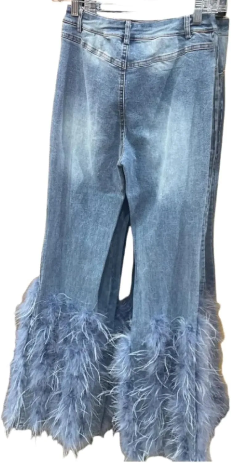 Faux-Fur Ripped Beaded Stretch Skinny Denim Jeans Pants