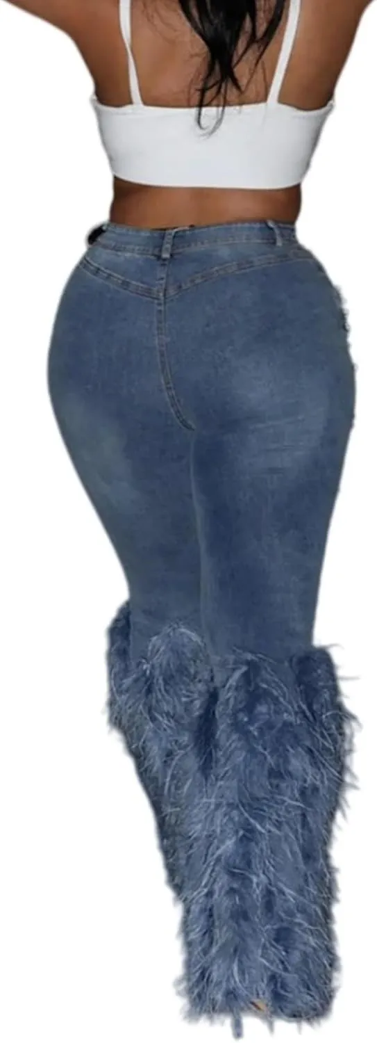 Faux-Fur Ripped Beaded Stretch Skinny Denim Jeans Pants