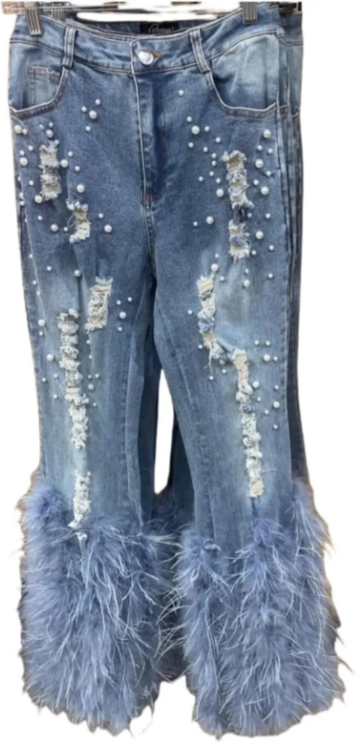 Faux-Fur Ripped Beaded Stretch Skinny Denim Jeans Pants