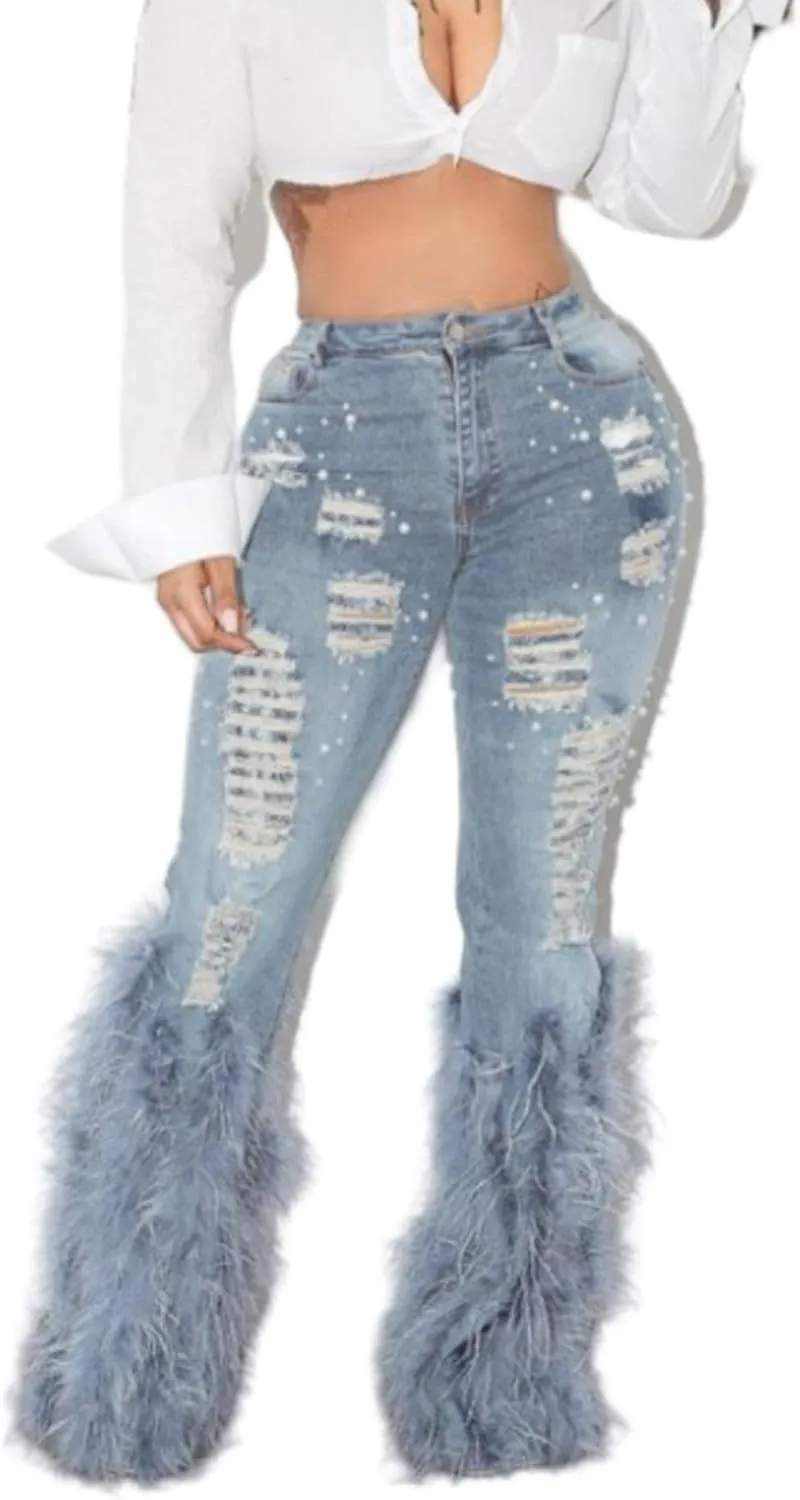 Faux-Fur Ripped Beaded Stretch Skinny Denim Jeans Pants