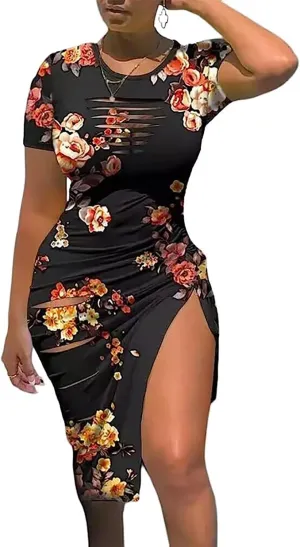 FECAFO Cut Out Hollow Out Ruched Slit Bodycon Dress for Women Sexy Side Slit Drawstring Club Party Short Sleeve Midi Dresses