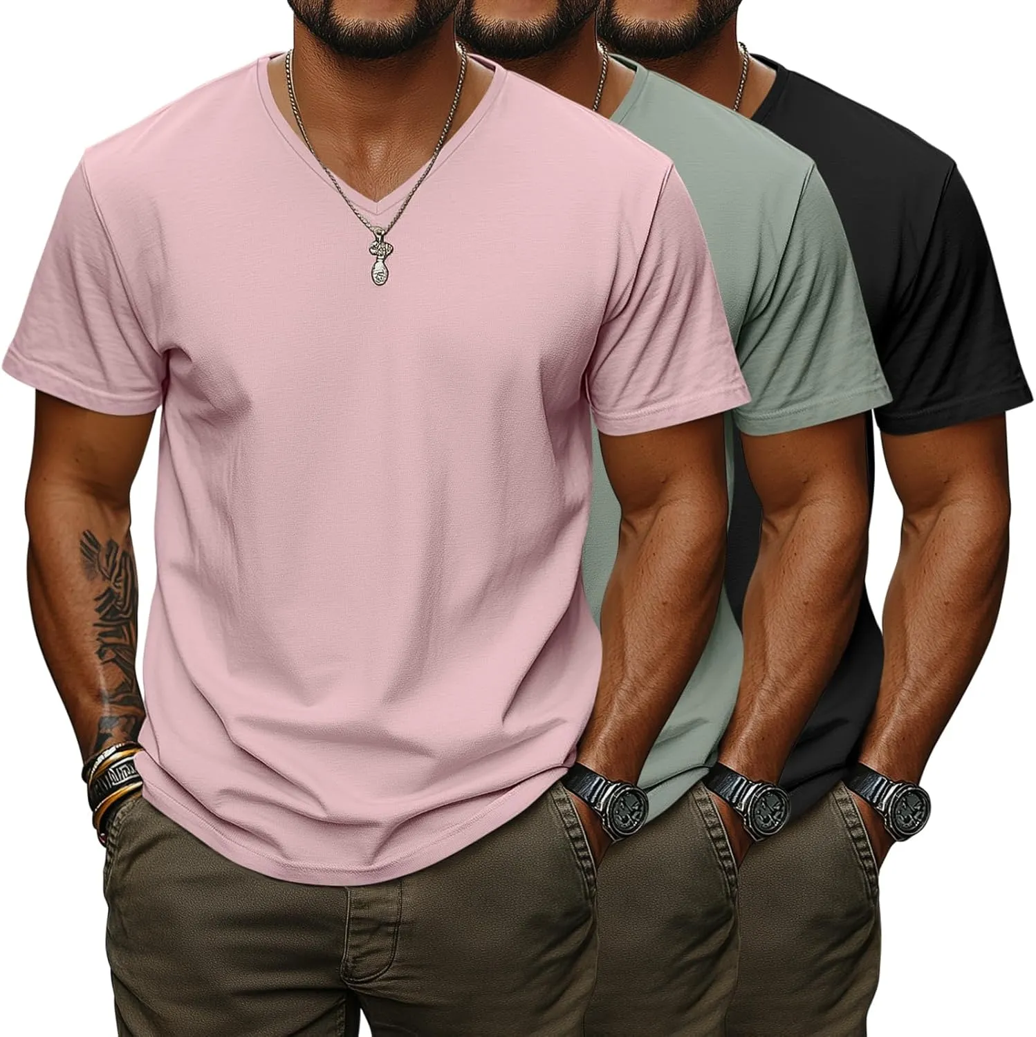 Ficerd 3 Pack Men's V Neck 95% Cotton T-Shirts M-7xl Big Tall Regular Soft Short Sleeve Basic 2025 Summer Clothes