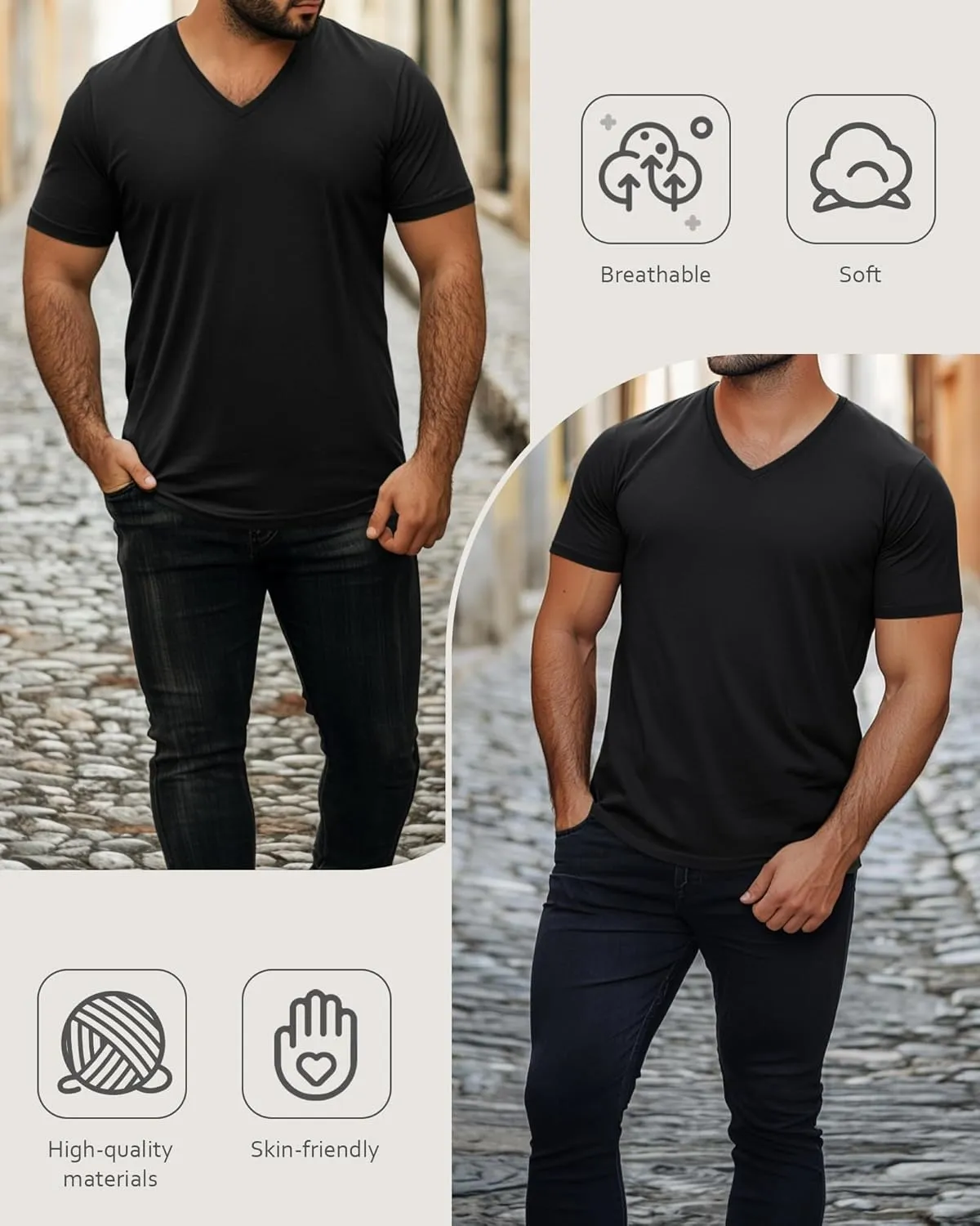 Ficerd 3 Pack Men's V Neck 95% Cotton T-Shirts M-7xl Big Tall Regular Soft Short Sleeve Basic 2025 Summer Clothes