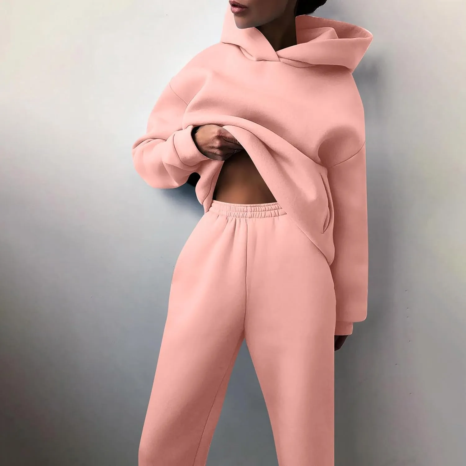 Firzero 2 Piece Workout Sets for Women Solid Color Casual Long Sleeve Hooded Sweatshirt Long Pants Set Soft Comfy Lounge Sets