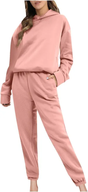 Firzero 2 Piece Workout Sets for Women Solid Color Casual Long Sleeve Hooded Sweatshirt Long Pants Set Soft Comfy Lounge Sets