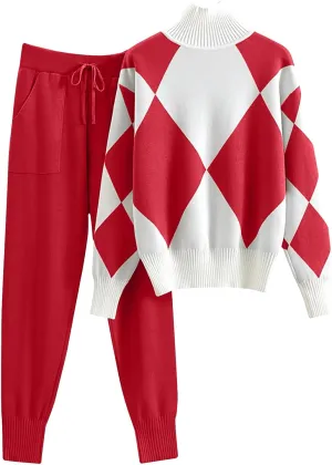 Firzero Pant Sets Women 2 Piece Outfits Lounge Sets Long Sleeve Knit Tops Fall Winter Sweater Set Oversized Pants Tracksuit 2024 Red