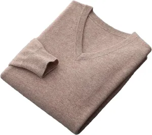 Fjnbbiot Men Long Sleeve Sweater Autumn Winter V-Neck Basic Pullovers Merino Wool Solid Casual Cashmere Knitwear