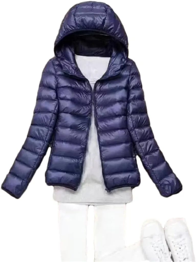 Fjnbbiot White Duck Down Jacket Winter Women Hooded Lightweight Packable Puffer Coat Down Short Jacket