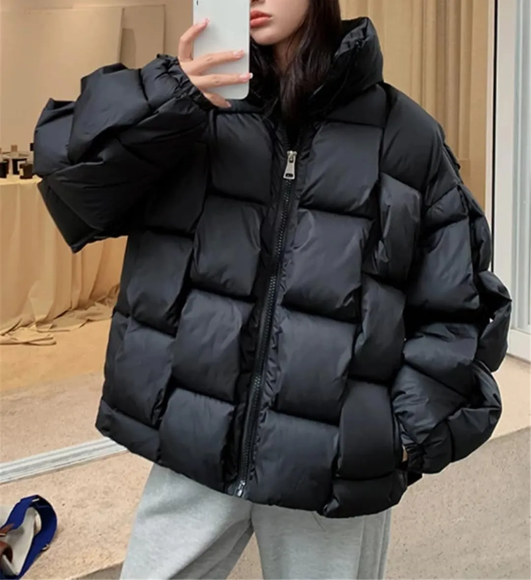 Fjnbbiot Winter Women Puffer Parkas Fashion Casual Loose Down Cotton Jackets Solid Weave Thicken Warm Zipper Overcoats