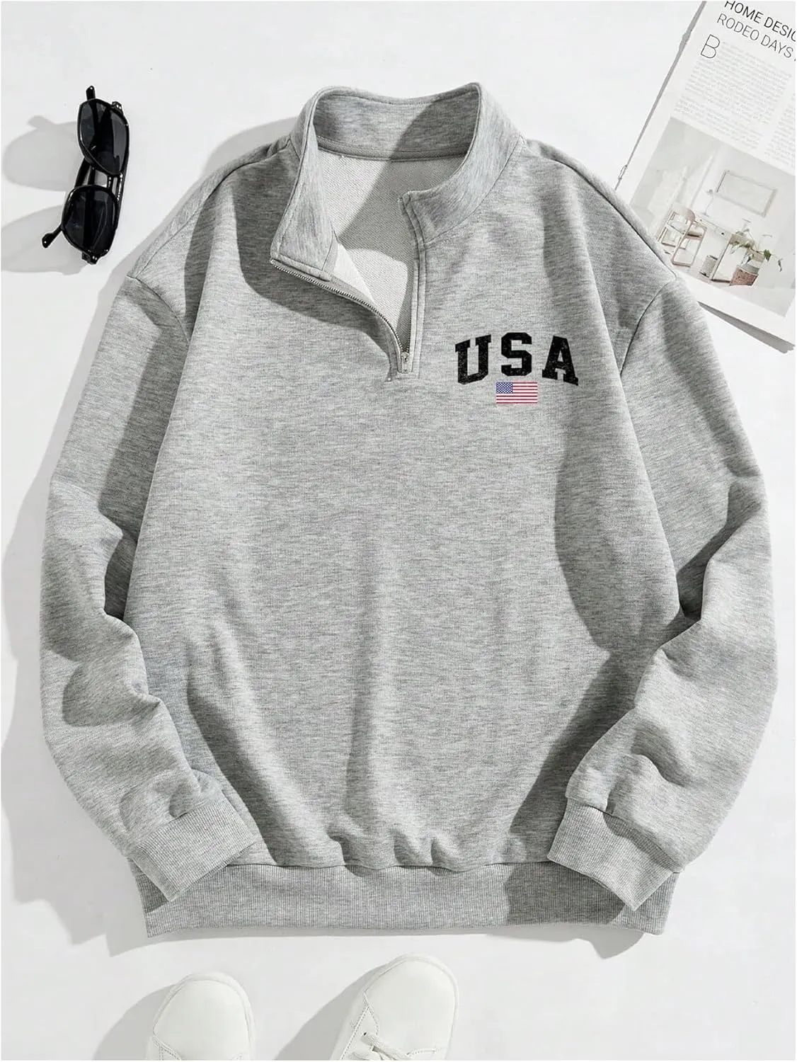 Floerns Men's USA Flag Graphic Mock Neck Sweatshirt Quarter Zip Long Sleeve Pullover Top