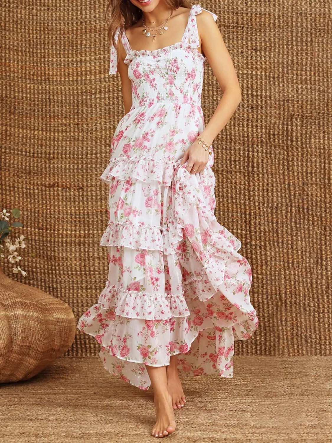 Floral Tie Shoulder Ruffle Maxi Dresses Summer Boho Backless Sleeveless Long Dress Flowy Y2k Smocked Tiered Sundress