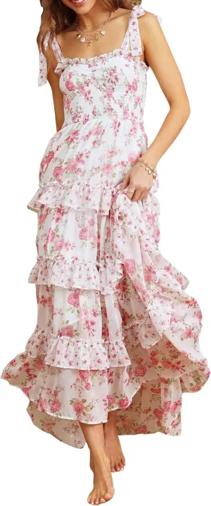 Floral Tie Shoulder Ruffle Maxi Dresses Summer Boho Backless Sleeveless Long Dress Flowy Y2k Smocked Tiered Sundress