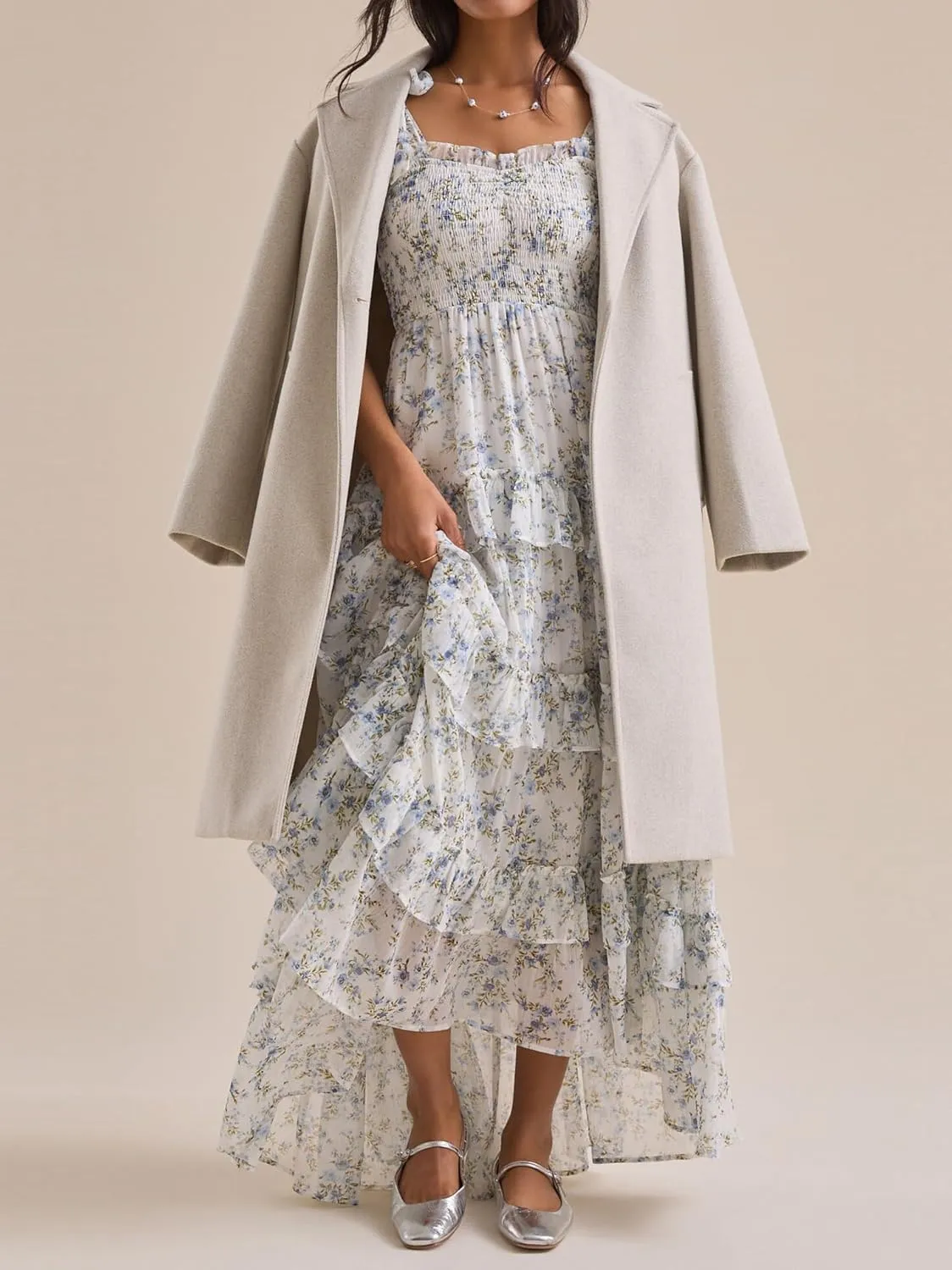 Floral Tie Shoulder Ruffle Maxi Dresses Summer Boho Backless Sleeveless Long Dress Flowy Y2k Smocked Tiered Sundress