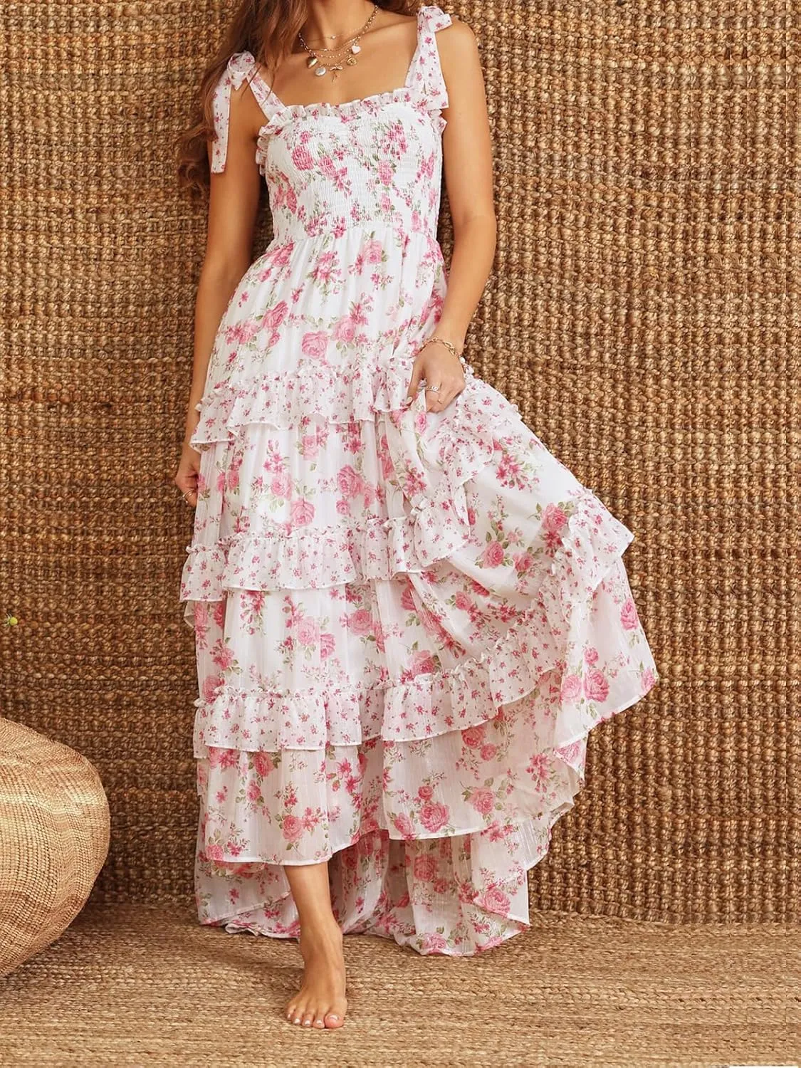 Floral Tie Shoulder Ruffle Maxi Dresses Summer Boho Backless Sleeveless Long Dress Flowy Y2k Smocked Tiered Sundress