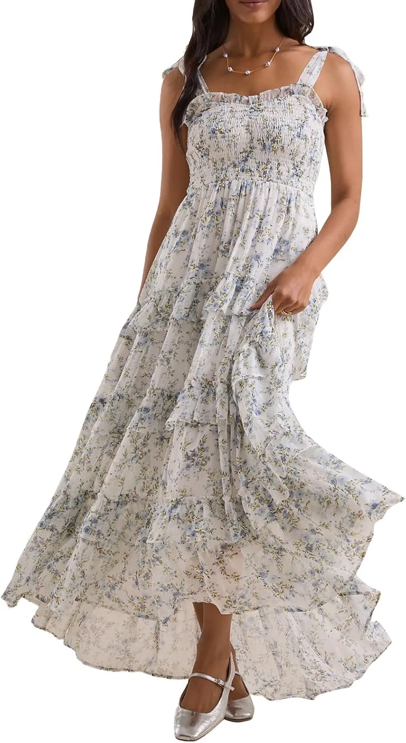 Floral Tie Shoulder Ruffle Maxi Dresses Summer Boho Backless Sleeveless Long Dress Flowy Y2k Smocked Tiered Sundress