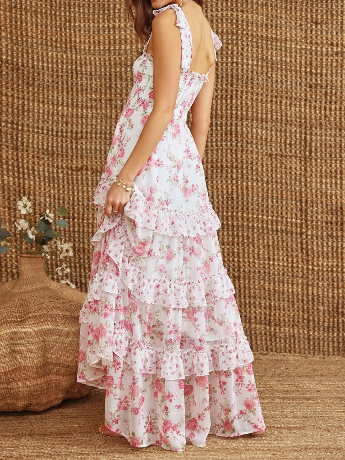 Floral Tie Shoulder Ruffle Maxi Dresses Summer Boho Backless Sleeveless Long Dress Flowy Y2k Smocked Tiered Sundress
