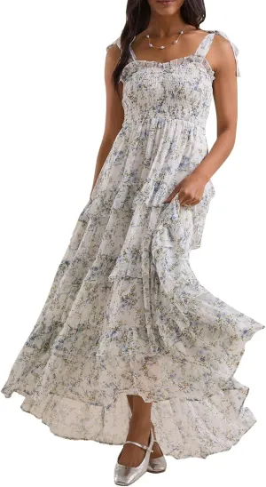 Floral Tie Shoulder Ruffle Maxi Dresses Summer Boho Backless Sleeveless Long Dress Flowy Y2k Smocked Tiered Sundress