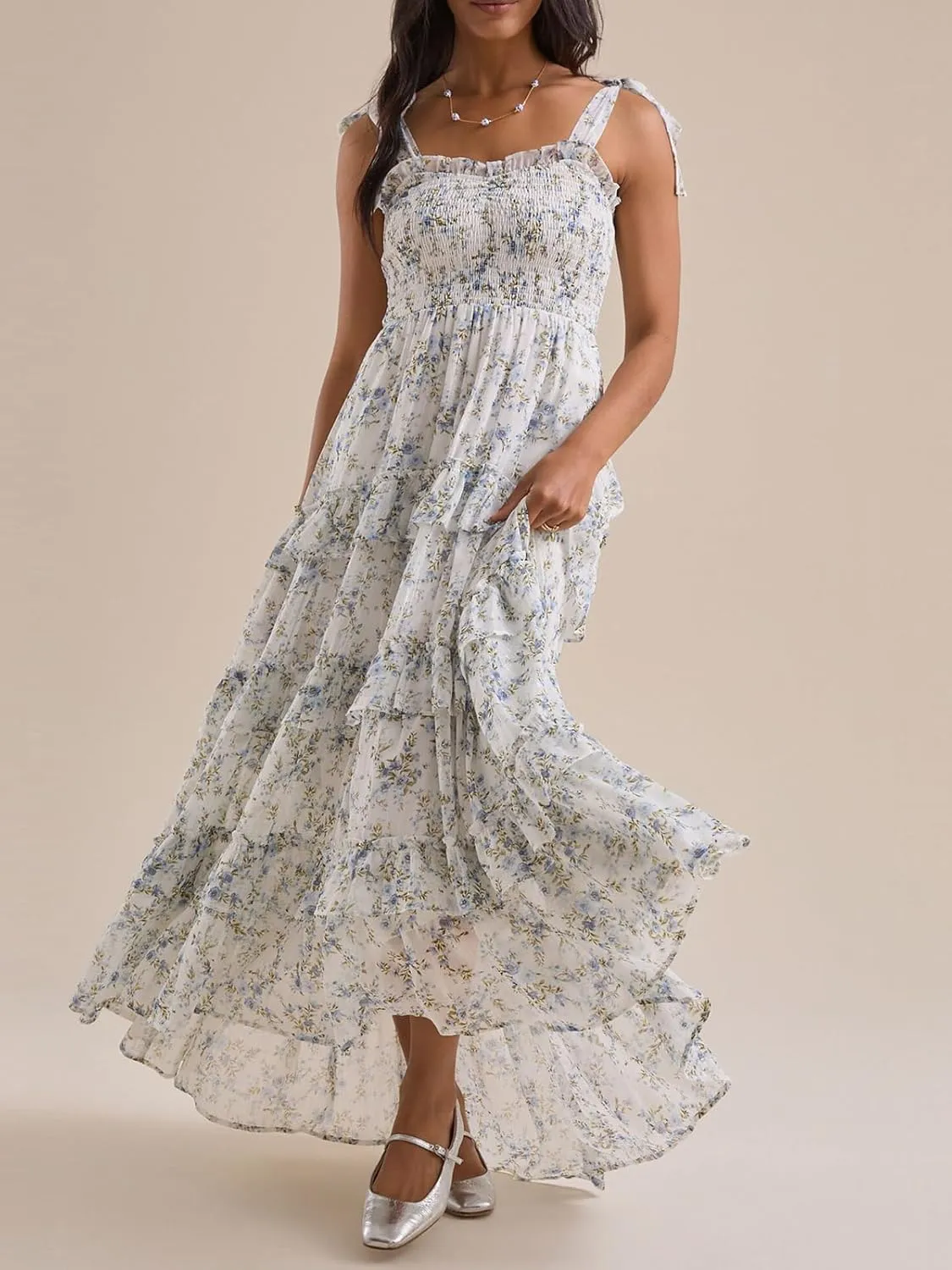 Floral Tie Shoulder Ruffle Maxi Dresses Summer Boho Backless Sleeveless Long Dress Flowy Y2k Smocked Tiered Sundress