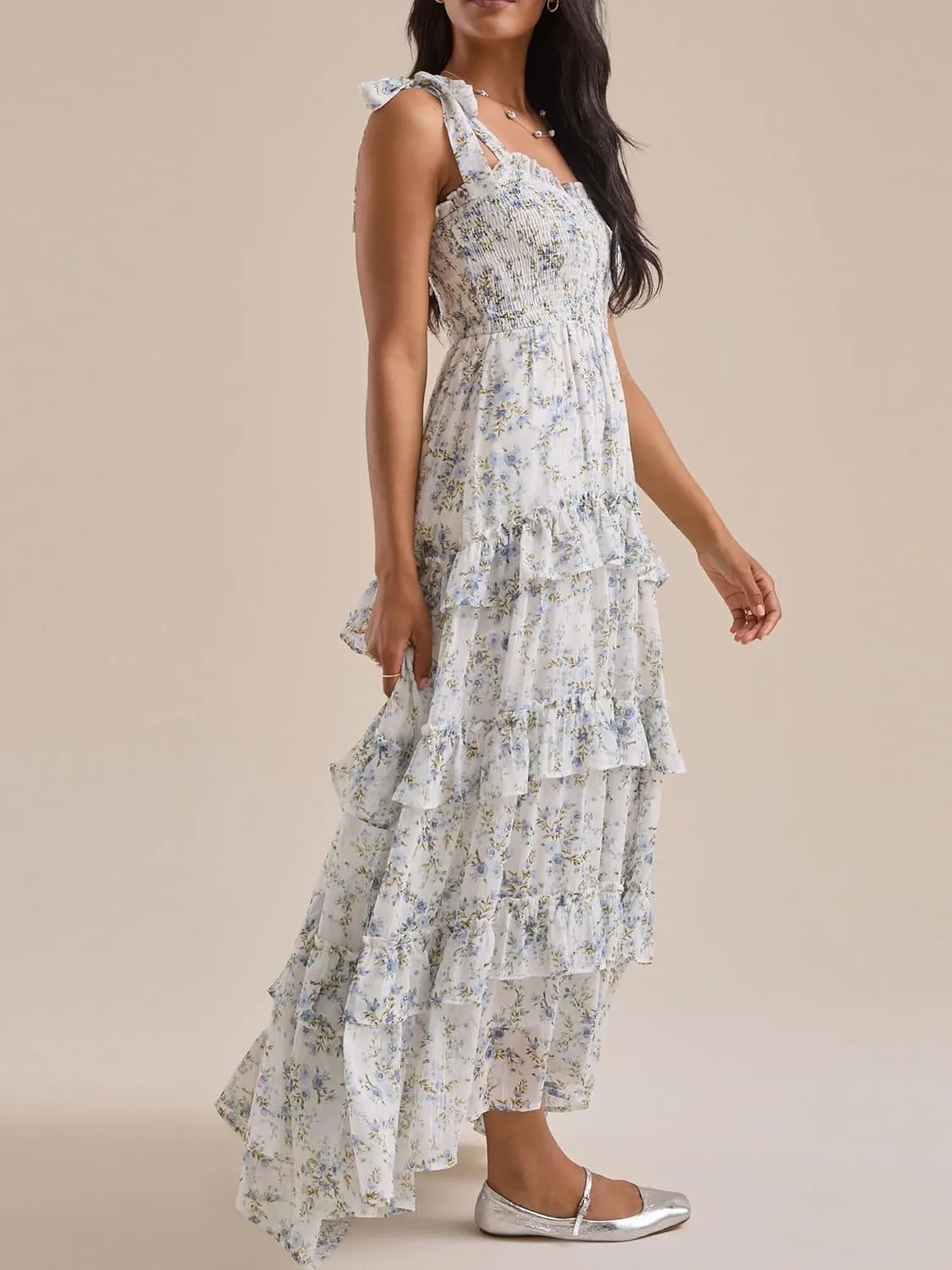 Floral Tie Shoulder Ruffle Maxi Dresses Summer Boho Backless Sleeveless Long Dress Flowy Y2k Smocked Tiered Sundress