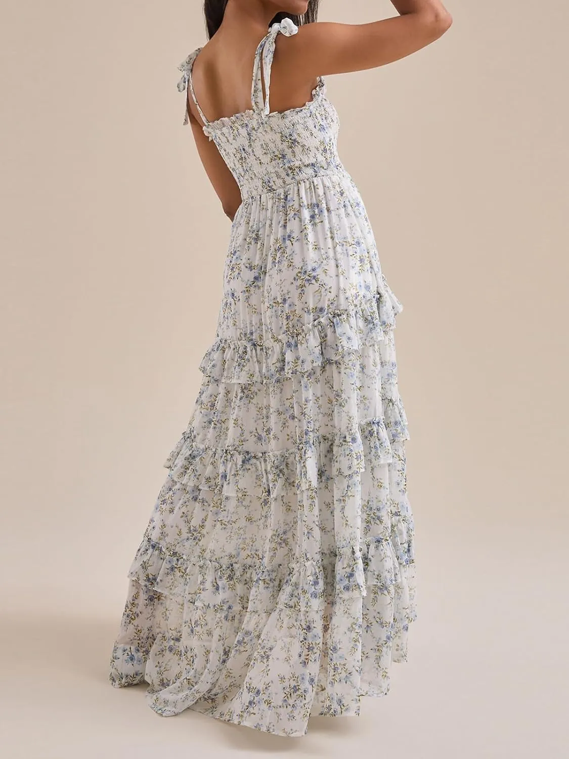 Floral Tie Shoulder Ruffle Maxi Dresses Summer Boho Backless Sleeveless Long Dress Flowy Y2k Smocked Tiered Sundress