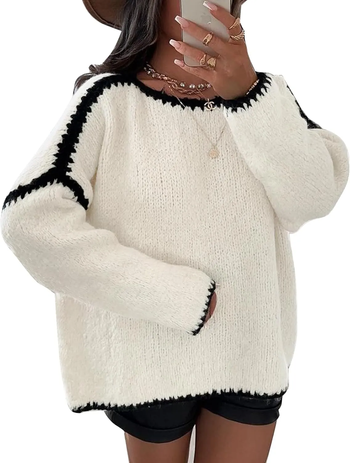 Flygo Oversized Sweaters for Women Long Sleeve Crew Neck Trendy Fall Sweaters Colorblock Chunky Knit Pullover