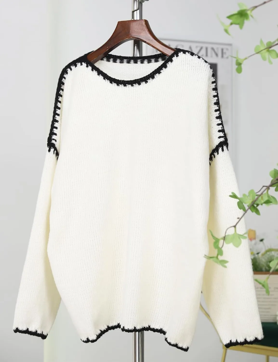 Flygo Oversized Sweaters for Women Long Sleeve Crew Neck Trendy Fall Sweaters Colorblock Chunky Knit Pullover