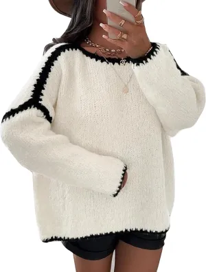Flygo Oversized Sweaters for Women Long Sleeve Crew Neck Trendy Fall Sweaters Colorblock Chunky Knit Pullover
