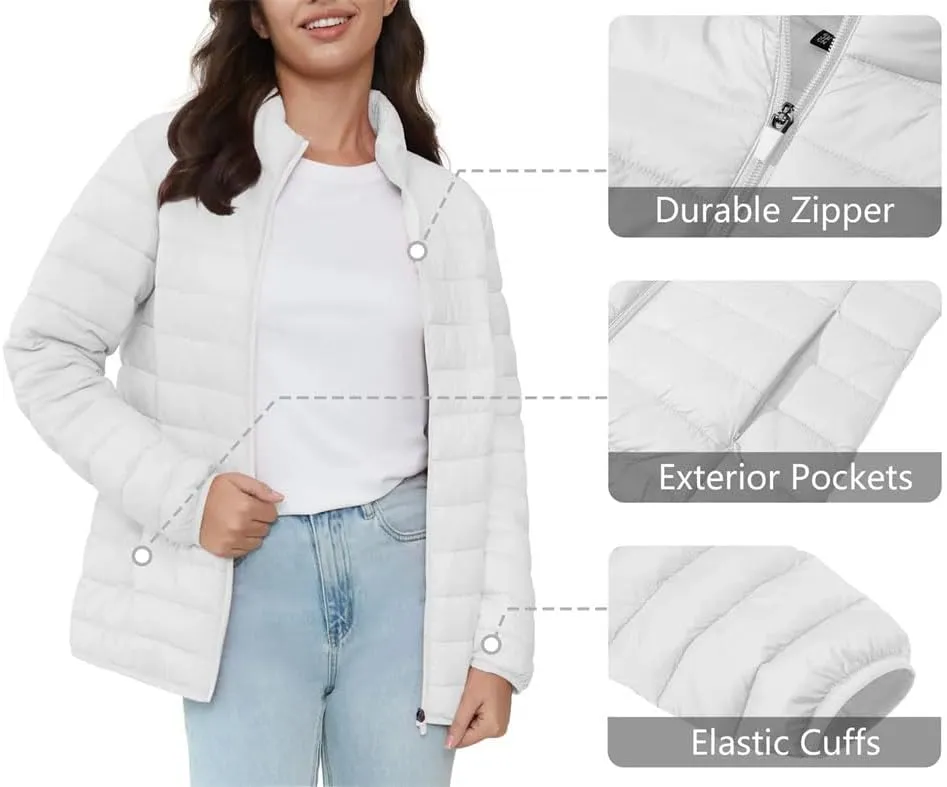 Full Zip Up Puffer Jacket Womens Winter Lightweight Quilted Down Warm Coats Casual White Windbreaker