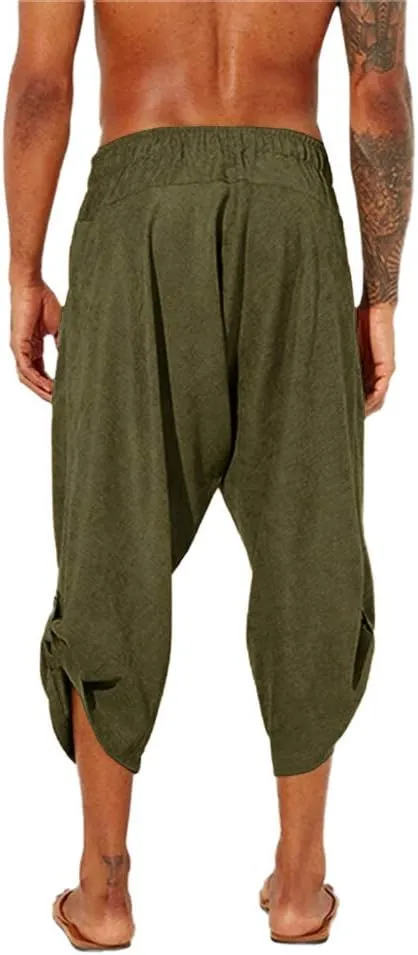 Gafeng Mens Linen Harem Capri Pants Drawstring 3/4 Shorts Casual Beach Yoga Hippie Thai Pants