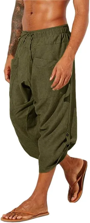 Gafeng Mens Linen Harem Capri Pants Drawstring 3/4 Shorts Casual Beach Yoga Hippie Thai Pants