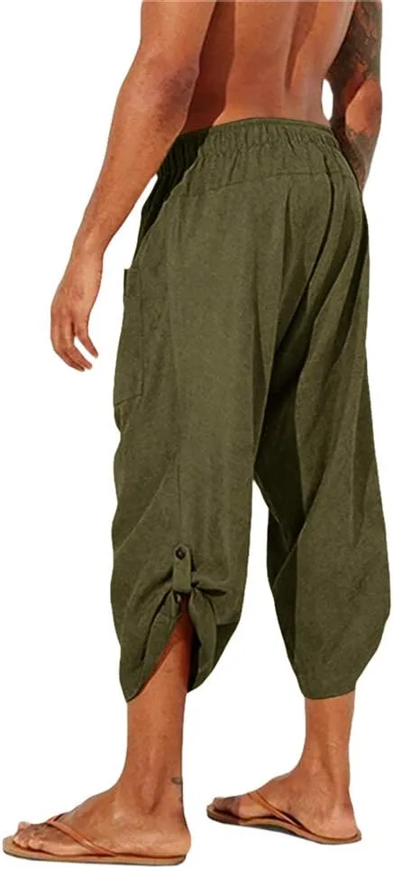 Gafeng Mens Linen Harem Capri Pants Drawstring 3/4 Shorts Casual Beach Yoga Hippie Thai Pants