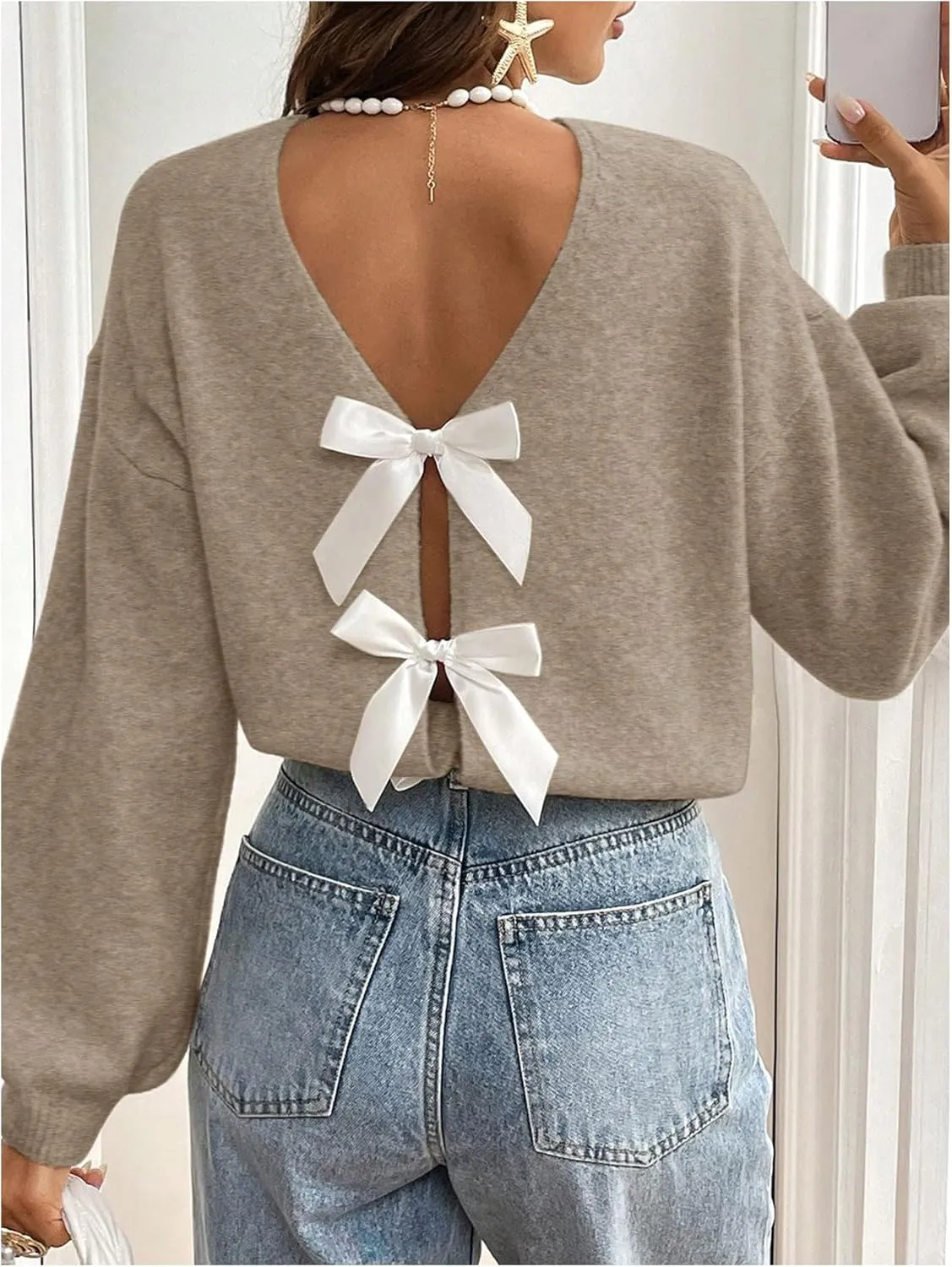 GORGLITTER Women's Bow Sweater Long Sleeve Crewneck Open Back Kintted Pullover Trendy Fall Fashion