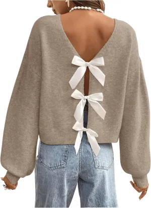 GORGLITTER Women's Bow Sweater Long Sleeve Crewneck Open Back Kintted Pullover Trendy Fall Fashion