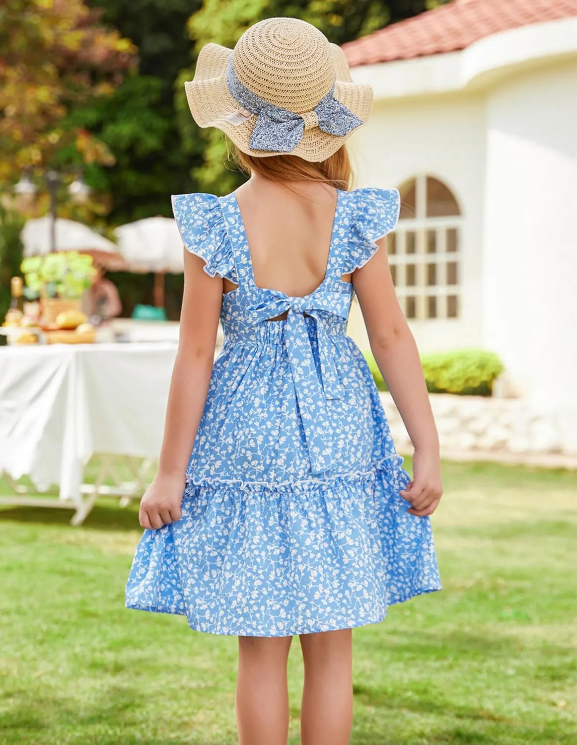 GRACE KARIN Girls Floral Dress Tie Back Flutter Sleeves Casual Summer Dress for 5-12Y