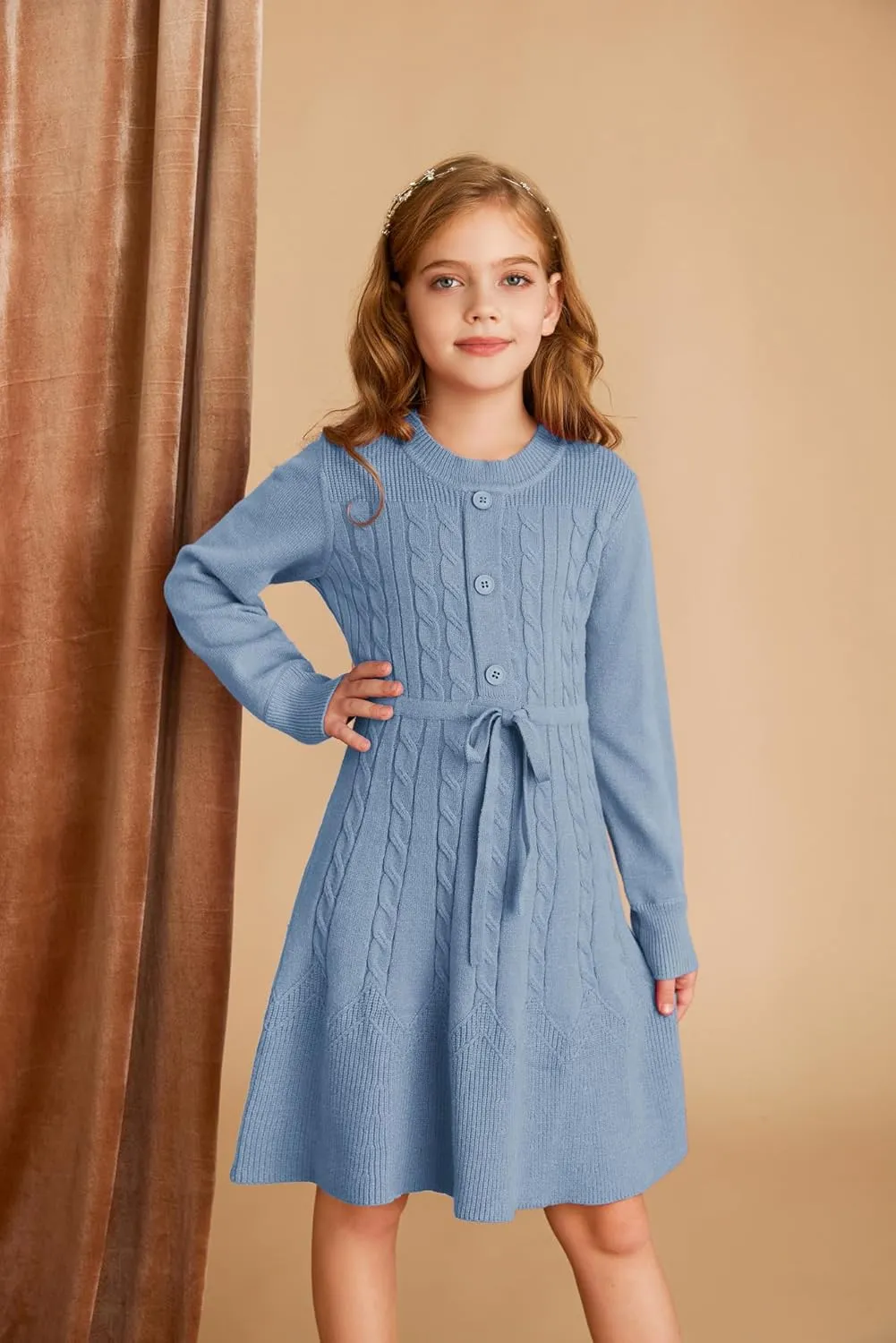 GRACE KARIN Girls Sweater Dress Fall Winter Long Sleeve Kids Fashion Drawstring Waist Cable Knit Dresses Size 5-12