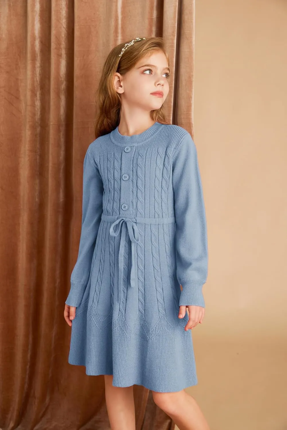 GRACE KARIN Girls Sweater Dress Fall Winter Long Sleeve Kids Fashion Drawstring Waist Cable Knit Dresses Size 5-12