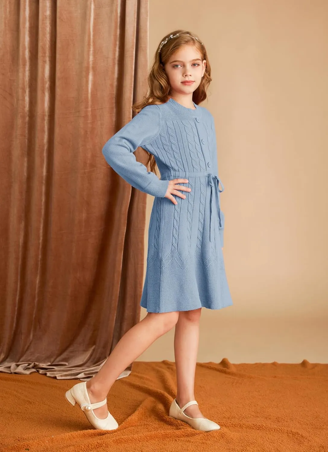GRACE KARIN Girls Sweater Dress Fall Winter Long Sleeve Kids Fashion Drawstring Waist Cable Knit Dresses Size 5-12