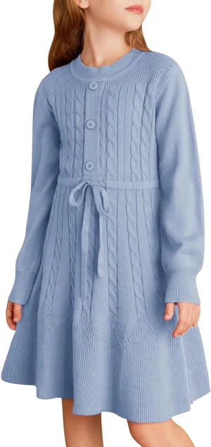 GRACE KARIN Girls Sweater Dress Fall Winter Long Sleeve Kids Fashion Drawstring Waist Cable Knit Dresses Size 5-12