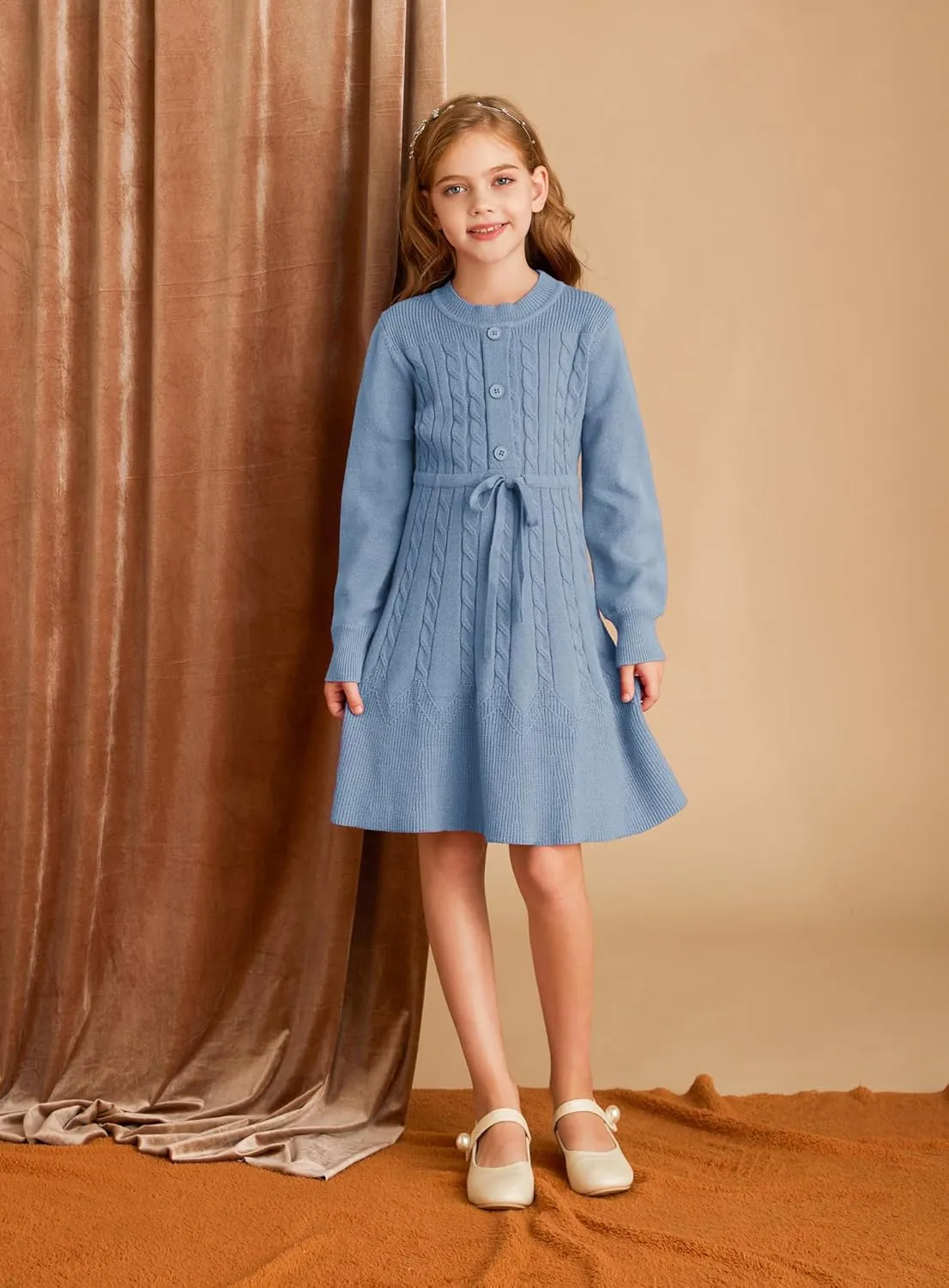 GRACE KARIN Girls Sweater Dress Fall Winter Long Sleeve Kids Fashion Drawstring Waist Cable Knit Dresses Size 5-12
