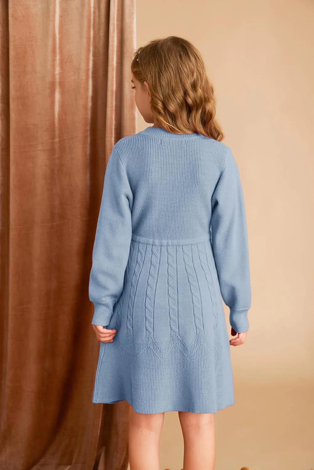 GRACE KARIN Girls Sweater Dress Fall Winter Long Sleeve Kids Fashion Drawstring Waist Cable Knit Dresses Size 5-12