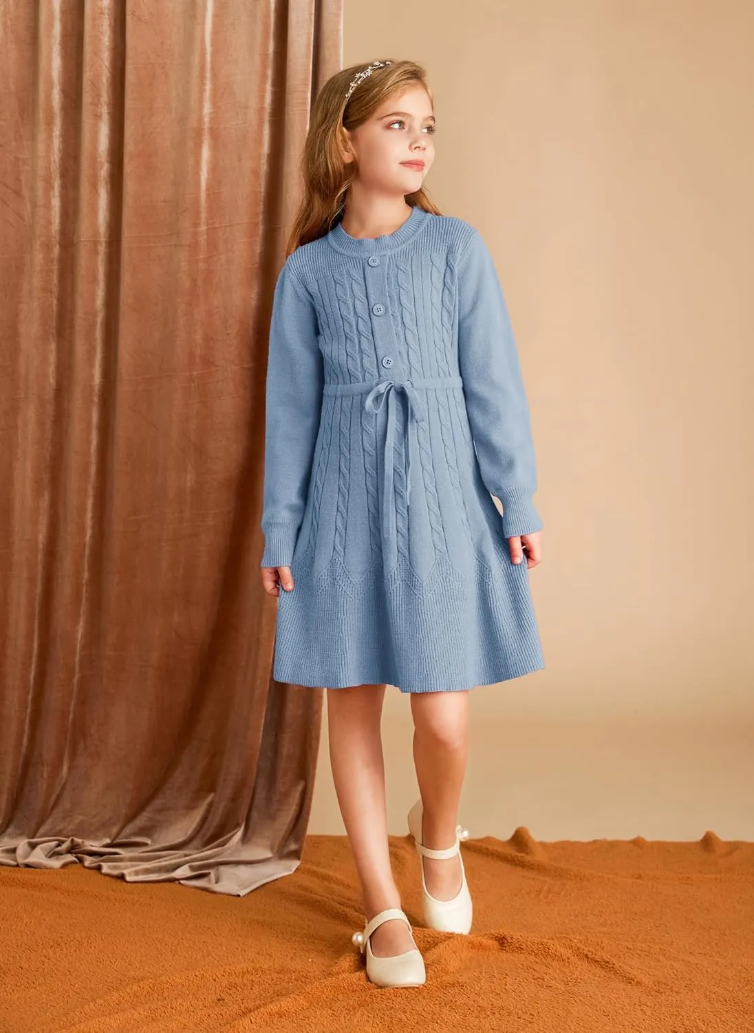 GRACE KARIN Girls Sweater Dress Fall Winter Long Sleeve Kids Fashion Drawstring Waist Cable Knit Dresses Size 5-12